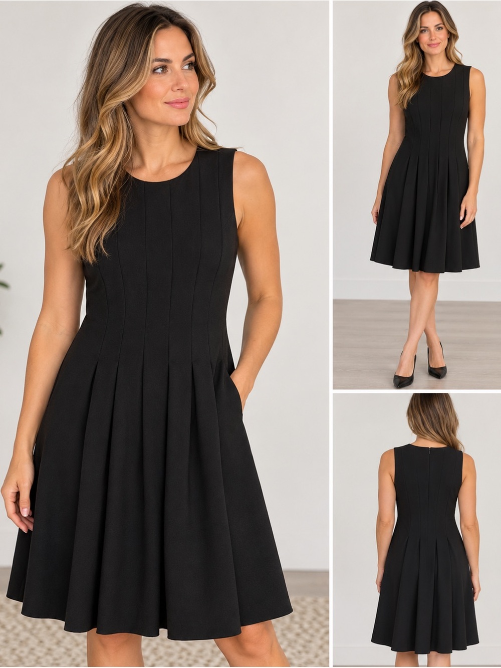 Calvin Klein Black Sleeveless Pleated Dress.NWT.  Size 14.